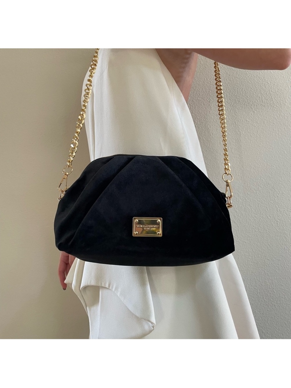 DOLCE & GABBANA black velvet clutch bag purse gold chain logo sholder rare